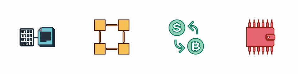 Set Smart contract, Blockchain technology, Cryptocurrency exchange and wallet icon. Vector