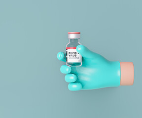 3d cartoon doctor hand with vaccine bottle on clean background. 3D illustration rendering.