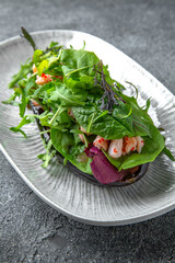 Baked eggplant with arugula, shrimps, tobiko caviar pate. Ready menu for the restaurant. Neutral gray blue textured background