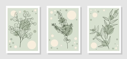 Botanical wall art vector set eucalyptus sketch illustration with abstract shapes