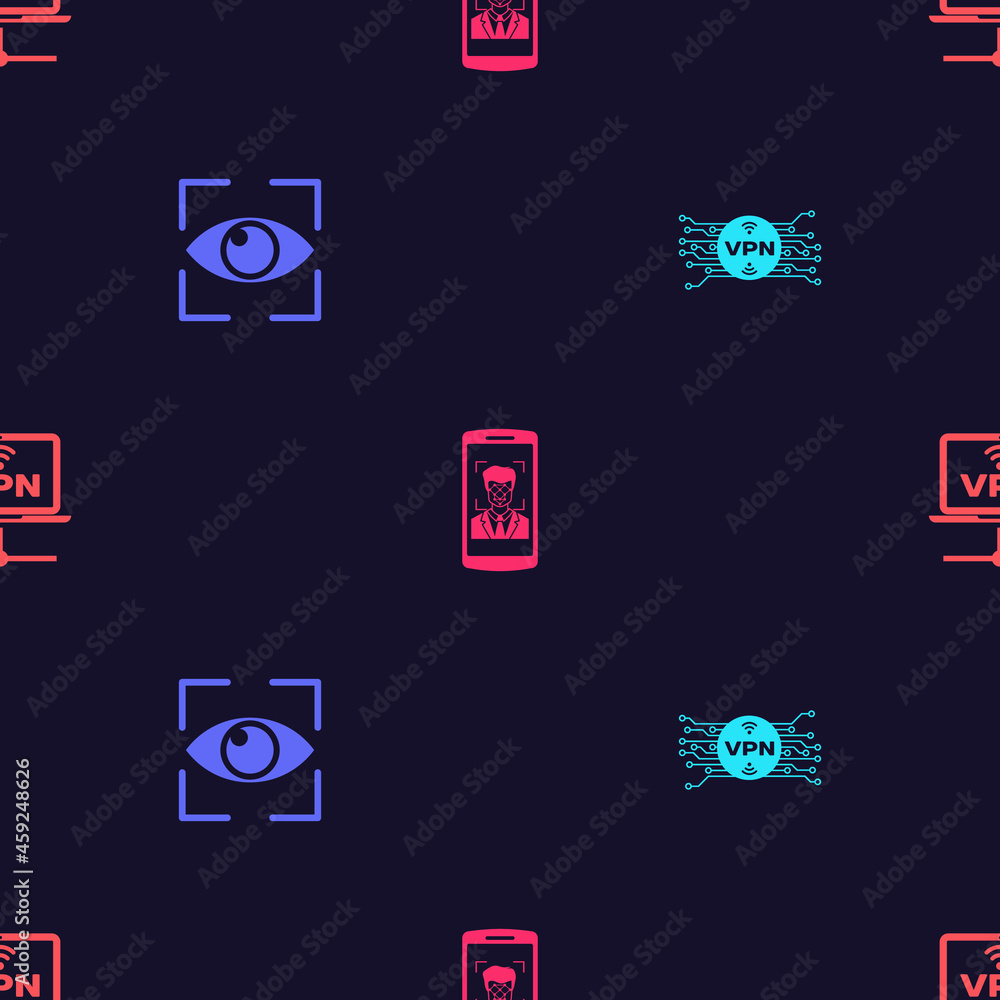 Poster set vpn with microchip circuit, eye scan, mobile and face recognition and computer network on seamle