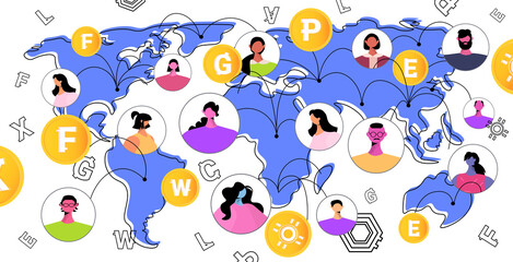 mix race people sending and receiving digital coins on world map mining virtual money cryptocurrency exchange
