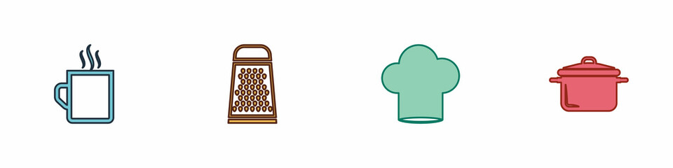 Set Coffee cup, Grater, Chef hat and Cooking pot icon. Vector