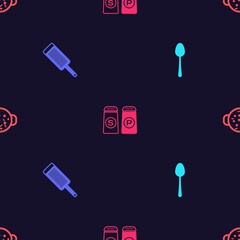 Set Spoon, Grater, Salt and pepper and Cooking soup in pot on seamless pattern. Vector