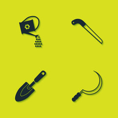 Set Watering can, Sickle, Garden trowel spade or shovel and saw icon. Vector