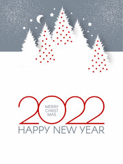 Fototapeta na wymiar Happy New 2022 Year flyer design template. Elegant white card with Christmas trees. Coniferous forest