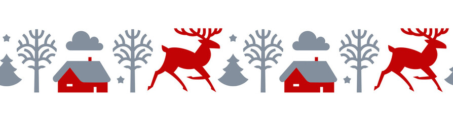 Christmas seamless pattern with deer, trees, fir, house and stars. Winter landscape. Nordic design.