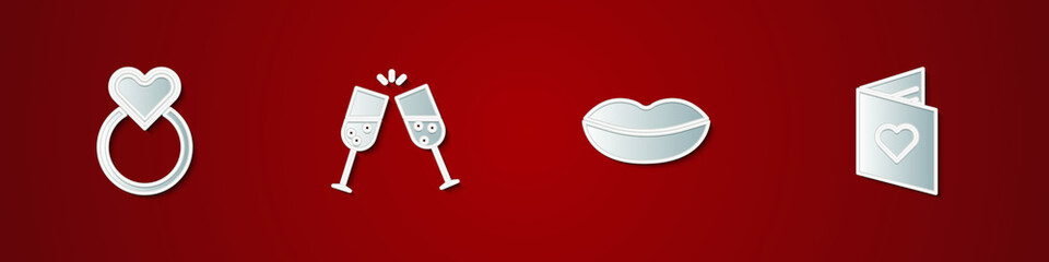 Set Wedding rings, Glass of champagne, Smiling lips and Valentines day flyer with heart icon. Vector