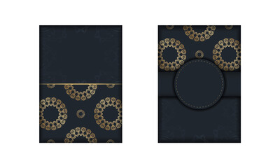 Black color brochure template with vintage gold ornament for your design.