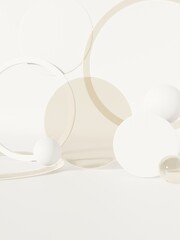 3D Rendering Sunlight and Semi Transparent Circle Plates or Spheres Product Display Background for Skincare or Healthcare Products. Simple Matte White and Beige.	
