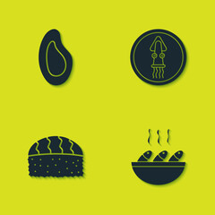 Set Mussel, Fish soup, Sushi and Octopus on a plate icon. Vector