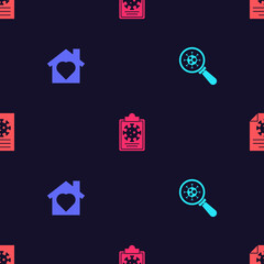 Set Virus under magnifying glass, House with heart inside, Clipboard blood test results and on seamless pattern. Vector