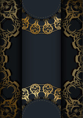 Black color brochure template with abstract gold pattern for your design.
