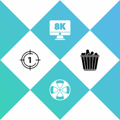 Set Old film movie countdown frame, Film reel, Monitor with 8k and Popcorn in box icon. Vector