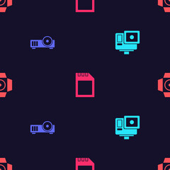 Set Action extreme camera, Media projector, SD card and Movie spotlight on seamless pattern. Vector