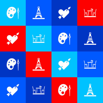 Set Paint brush with palette, Eiffel tower, Amour heart and arrow and French cafe icon. Vector