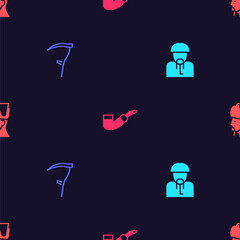 Set Ukrainian cossack, Scythe, Smoking pipe and on seamless pattern. Vector