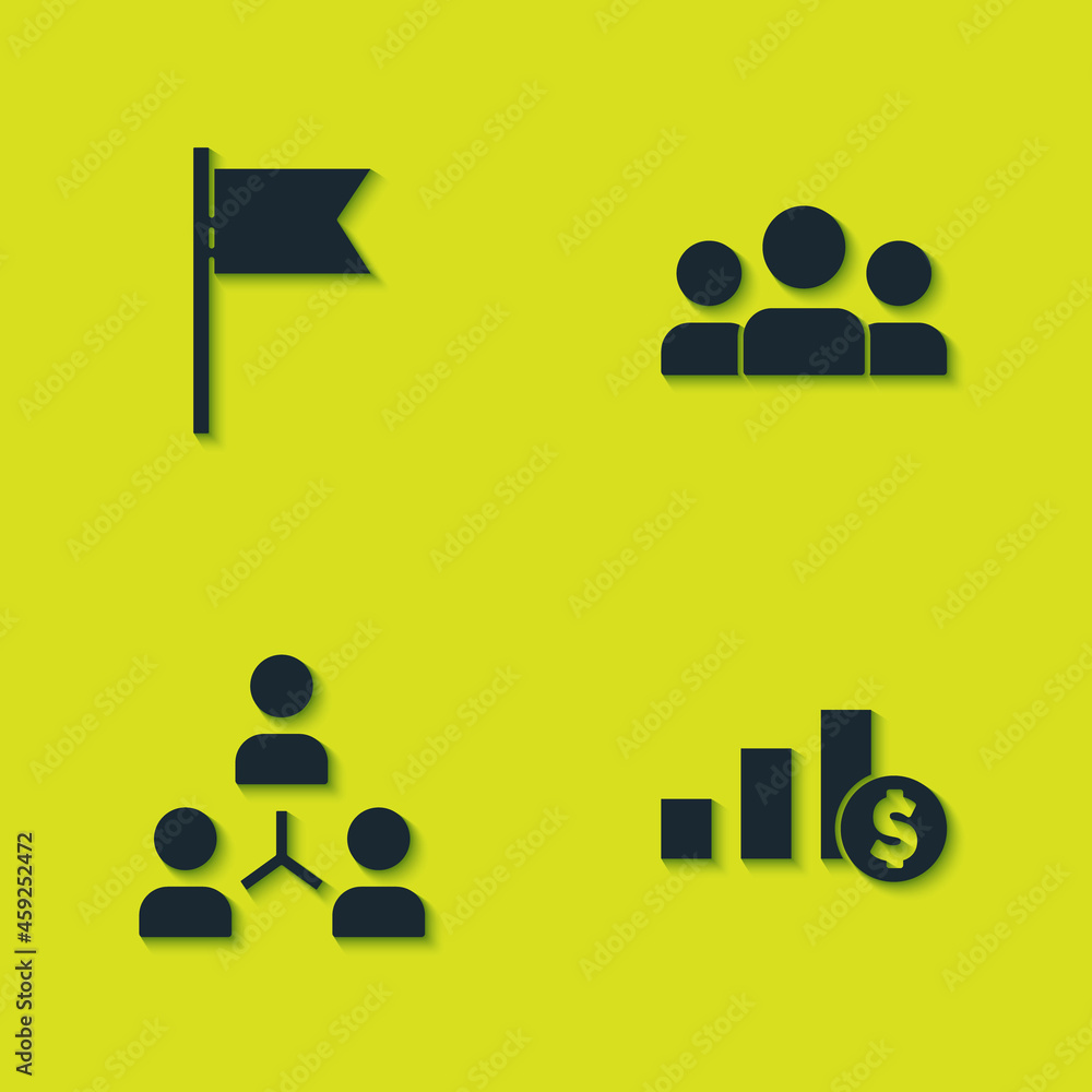 Poster set location marker, pie chart and dollar, project team base and users group icon. vector