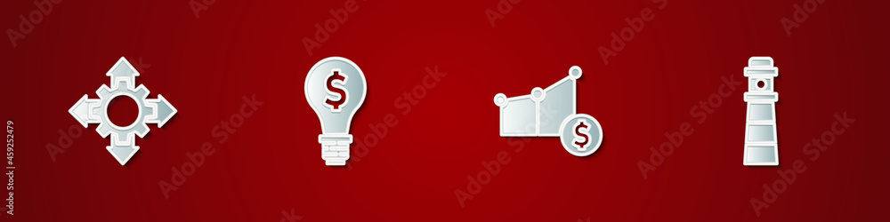 Poster set project team base, light bulb with dollar, pie chart and and lighthouse icon. vector