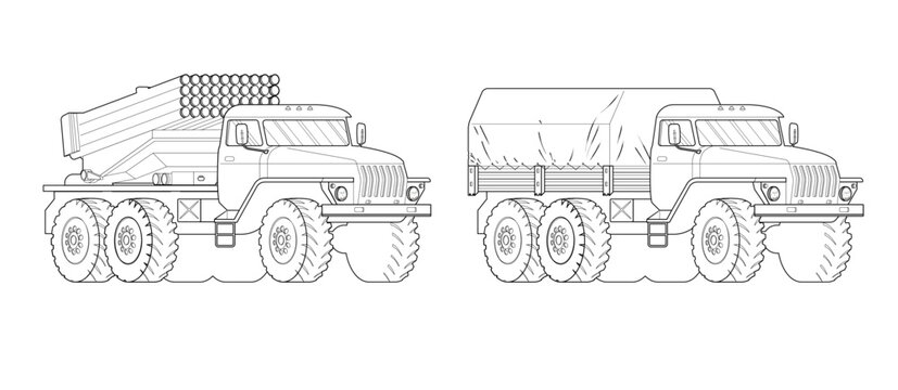 Black and white vector illustration of military trucks. Coloring book page