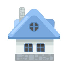 Small country house with light stone walls and blue roofs. Funny cartoon style. Country suburban village. Traditional simple architecture. Illustration isolated on a white background. Art vector.