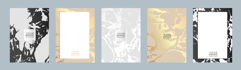 Modern luxury cover design set. Elegant fashionable background with abstract marble, liquid pattern in gold, black, silver color. Premium vector template for elite menu, flyer, vip card, web design.