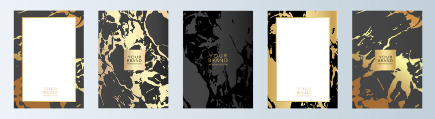 Modern luxury cover design set. Elegant fashionable background with abstract marble, fluid, grunge pattern in gold, black color. Premium vector template for elite menu, flyer, vip card, web design.