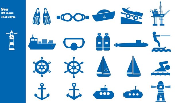 Mer, océan en 20 icônes bleus, collection