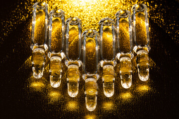 Glass medical ampoules for injection.  Ampoules with vaccine, medicine, collagen, vitamins