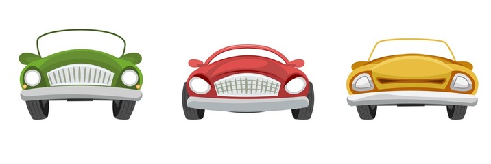 Set of cabriolet cars. Cartoon comic in funny style. Front view. Beautiful retro auto. Flat stile. Childrens illustration. Isolated on white background. Vector © Ирина Мордвинкина