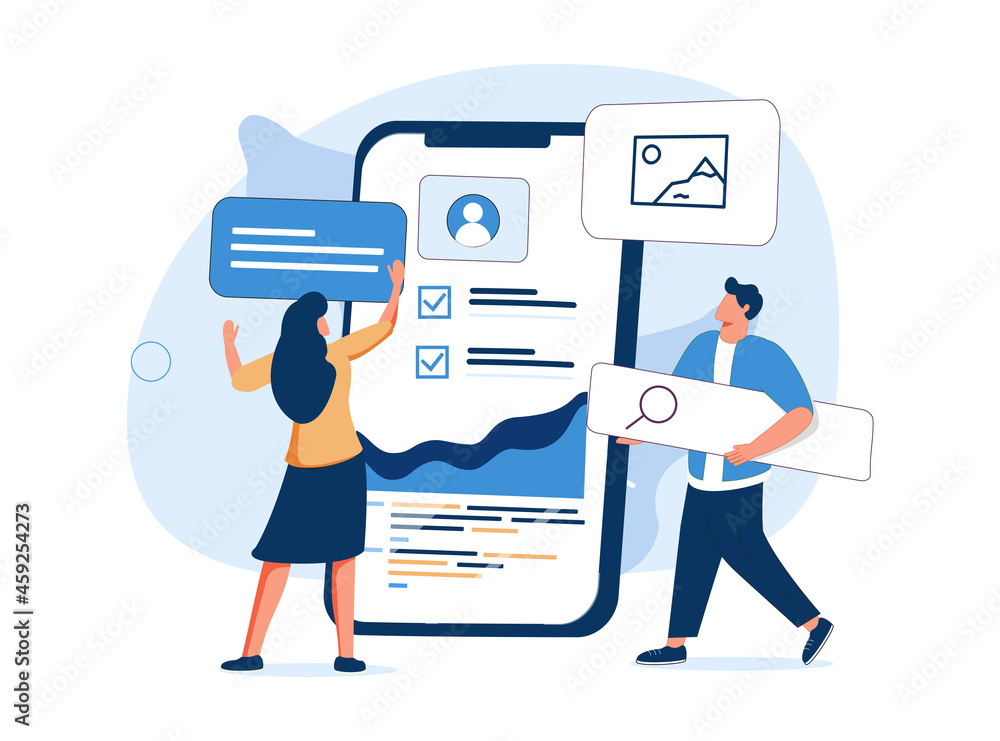 Poster woman standing in front of smartphone with website on screen. concept of ui or ux design, user exper