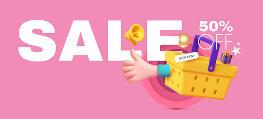 Cool Sale design template with shopping bascet and thumbs up gesture. Spectial offer render space.