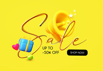 3D Sale gold design with megaphone. gift boxes and thumbs up hand. Special offer render space.