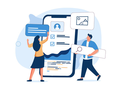 Woman standing in front of smartphone with website on screen. Concept of UI or UX design, user experience, touchscreen.