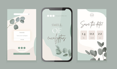 Social media feed, vector template for vertical posts and stories, watercolor eucalyptus