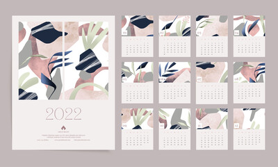 Calendar template, promotional corporate vector design with abstract shapes, 2022 