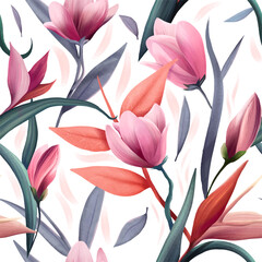 Seamless vector pattern with watercolor flowers and leaves: magnolia and bird of paradise flowers, semaless pattern for fabric