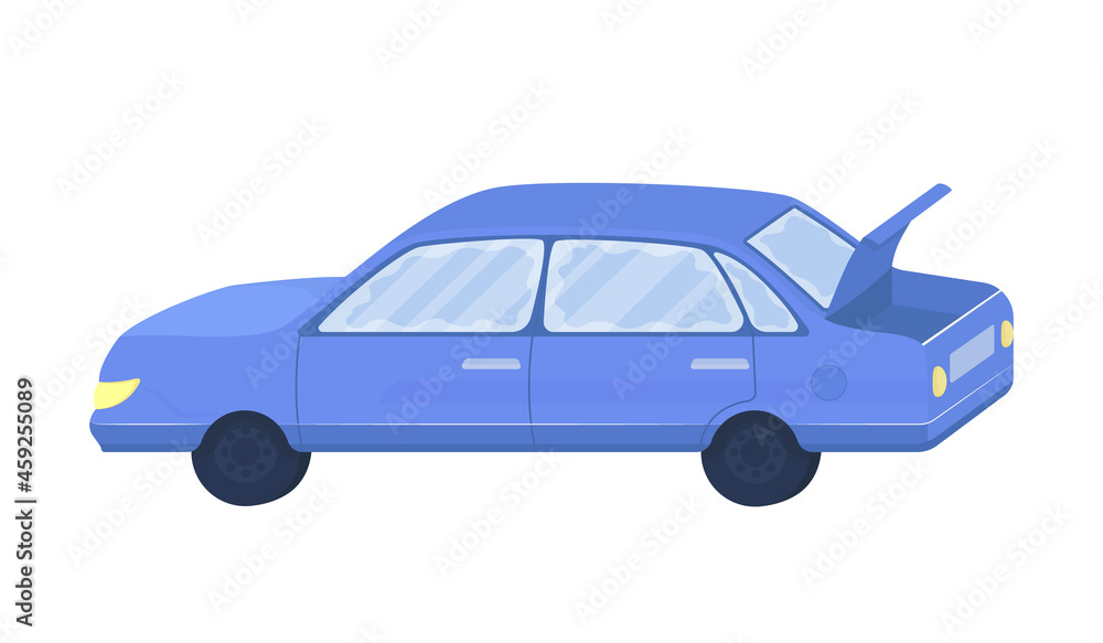 Poster blue sedan car semi flat color vector object. automobile with open trunk. full realistic item on whi