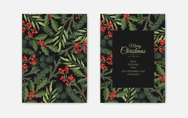 Merry Christmas and New Year Cards with Pine Wreath, Mistletoe, Winter plants design illustration for greetings, invitation, flyer, brochure.