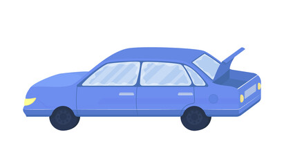 Blue sedan car semi flat color vector object. Automobile with open trunk. Full realistic item on white. Transport isolated modern cartoon style illustration for graphic design and animation