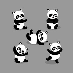 Colored flat illustration of pandas. Funny and cute bamboo bears. Five different positions for the panda. Printing on postcards for printing, printing on glass and textiles