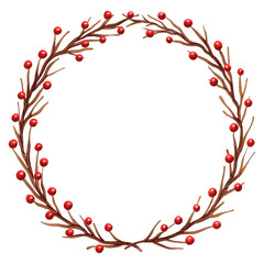 beautiful illustration of a Christmas wreath made of brown branches and red berries