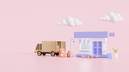 Shopping Online delivery logistics concept. Delivery home and office. Warehouse, Truck, Delivery application  3d render illustration