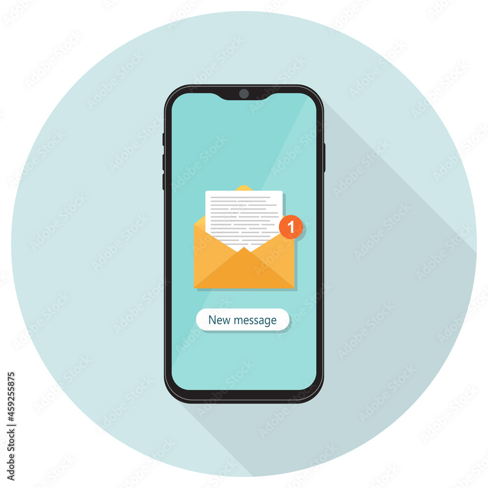 Poster mobile phone icon in flat merge with new message notification. unread email notification. sms messag