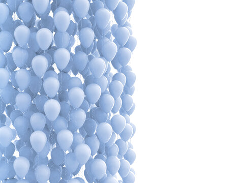Blue balloons on white background with copy space, balloon background, side top view. 3d render