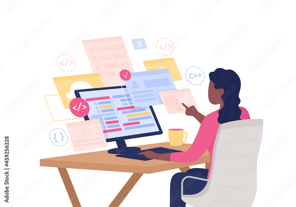 Poster software developer semi flat color vector character. sitting figure. person on white. programmer at 