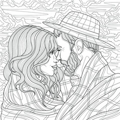 Couple hugging in a plaid.Coloring book antistress for children and adults. Illustration isolated on white background.Zen-tangle style. Hand draw
