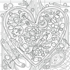 Heart shaped pizza with shrimps.Coloring book antistress for children and adults. Illustration isolated on white background.Zen-tangle style. Hand draw