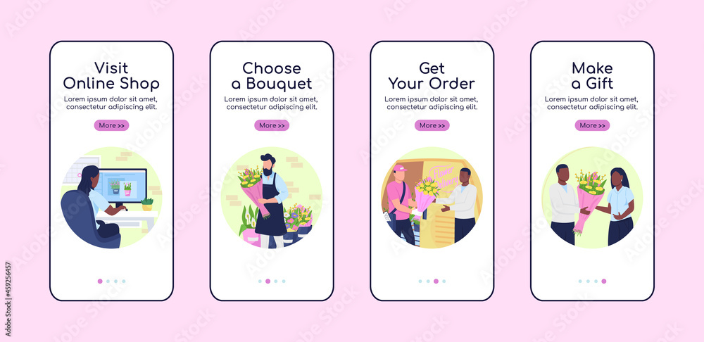 Poster order flowers onboarding mobile app screen flat vector template. walkthrough website 4 steps with ch