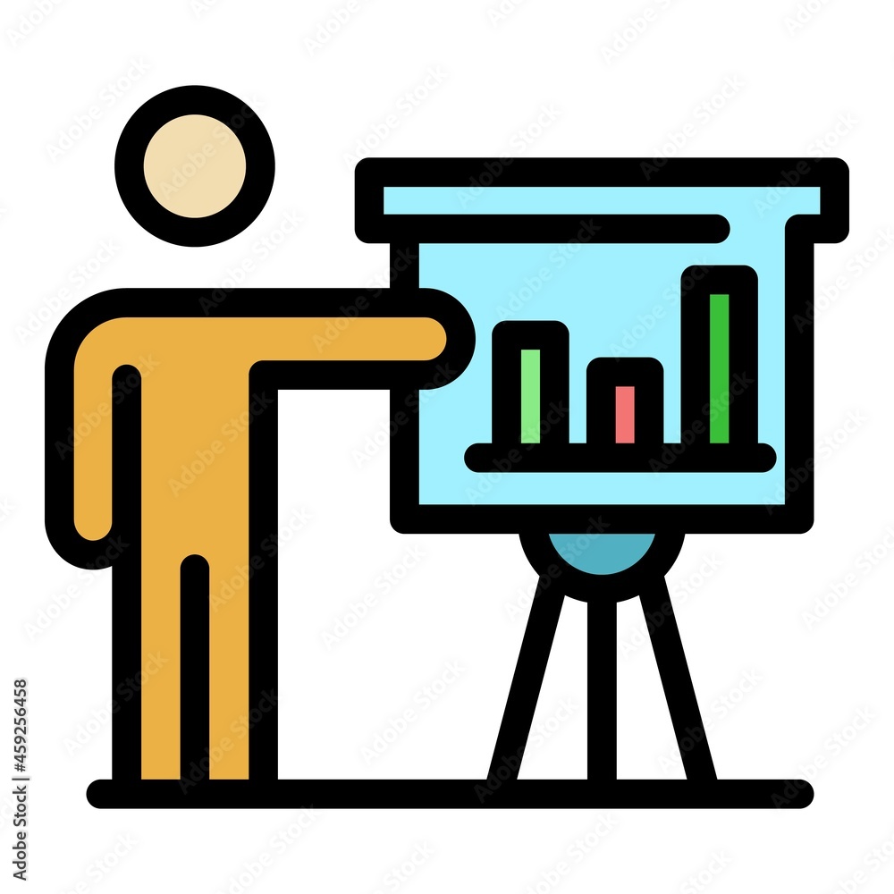 Poster trader man show banner icon. outline trader man show banner vector icon color flat isolated